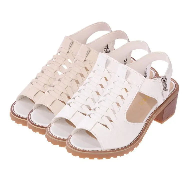 Women's retro sandals with side zip, mid heel, in black, creamy white, and white colours