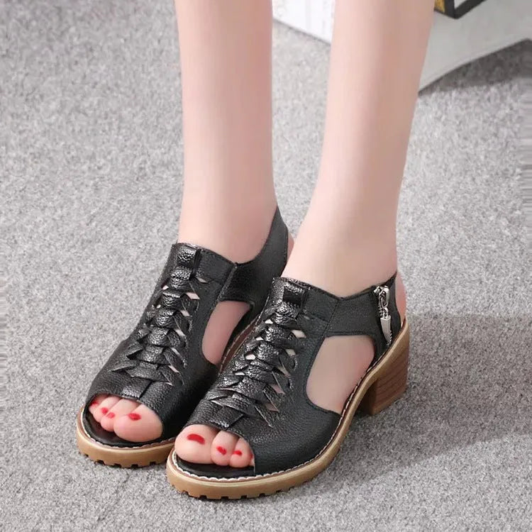 Women's retro sandals with side zip, mid heel, in black, creamy white, and white colours