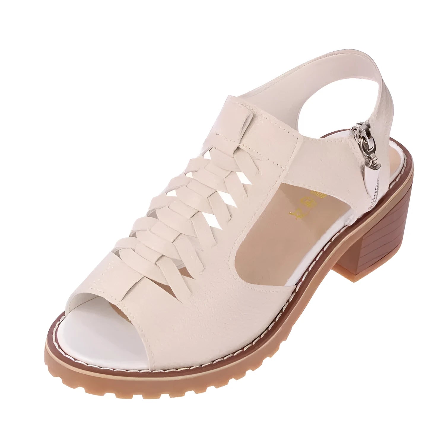Women's retro sandals with side zip, mid heel, in black, creamy white, and white colours