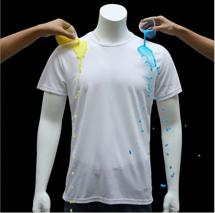 Quick-drying waterproof anti-fouling plain round neck short sleeve T-shirt in white, black, blue for unisex active wear
