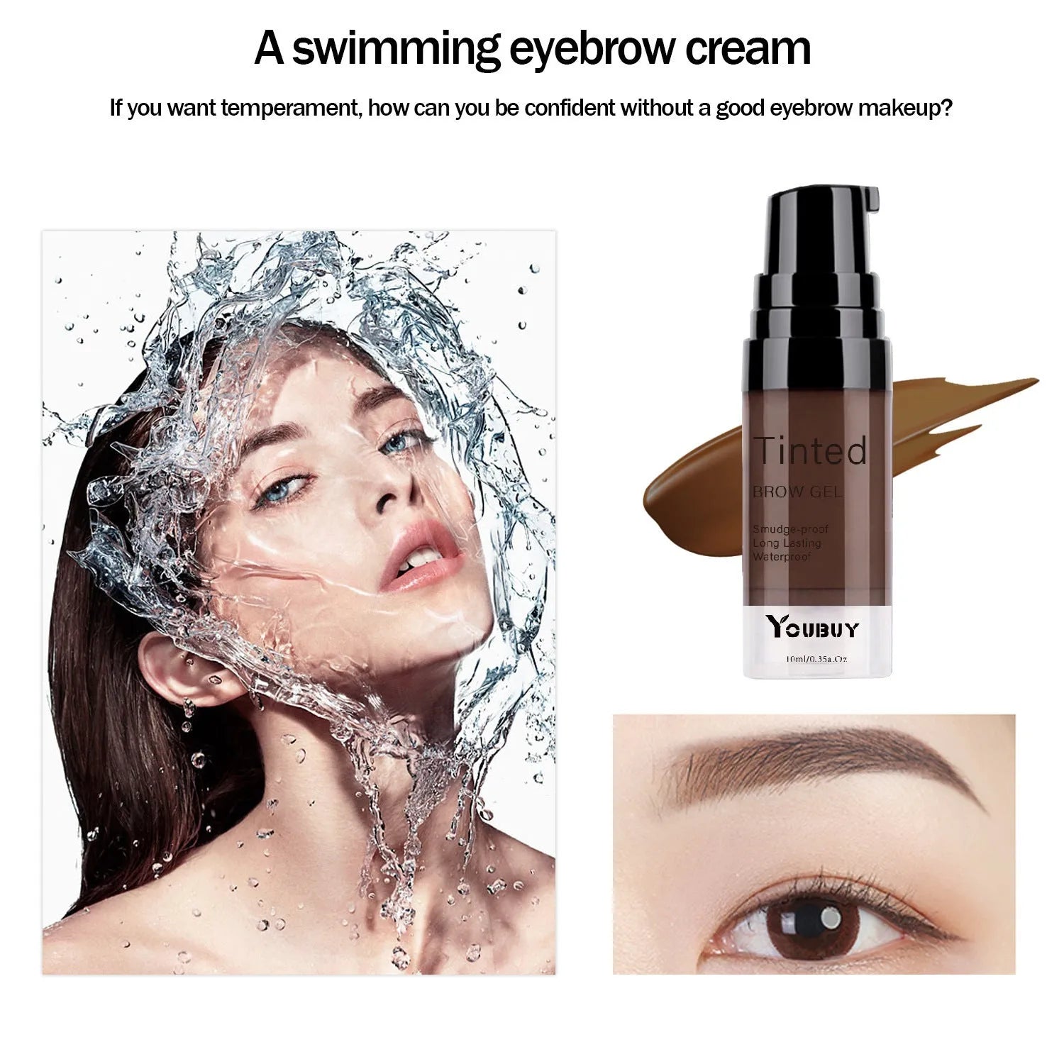 Waterproof quick-drying eyebrow cream in dark grey and golden yellow shades for brow definition.