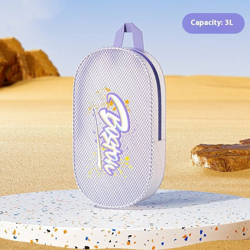 Orange and purple waterproof EVA swimming storage bags in small 3L and large 7L sizes on a blue background.