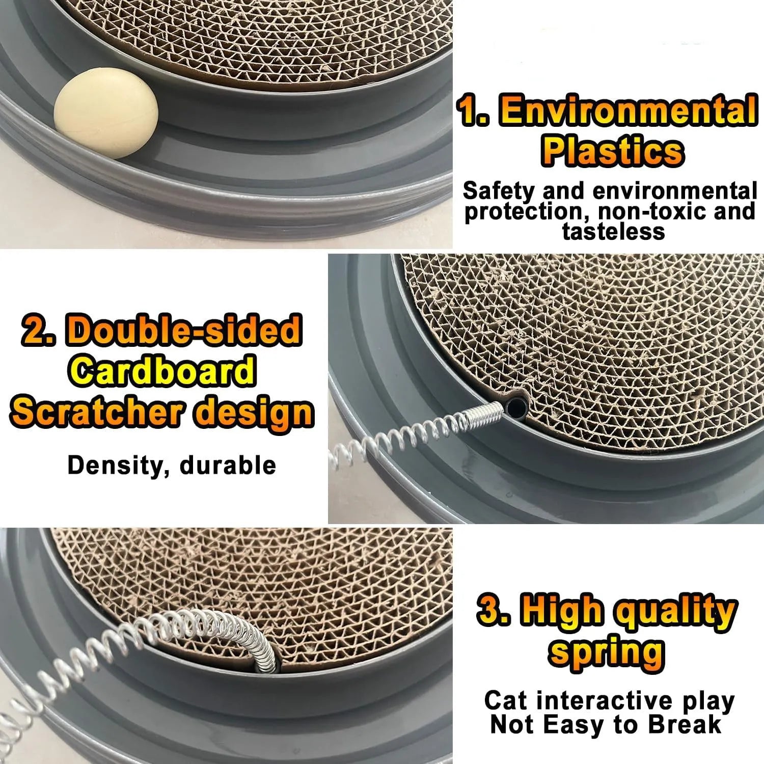 Round blue cat scratcher with ball track and corrugated cardboard surface