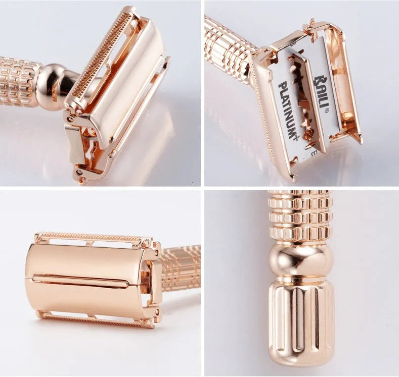 Rose gold chrome plated double edge safety razor with butterfly head in travel storage box with mirror