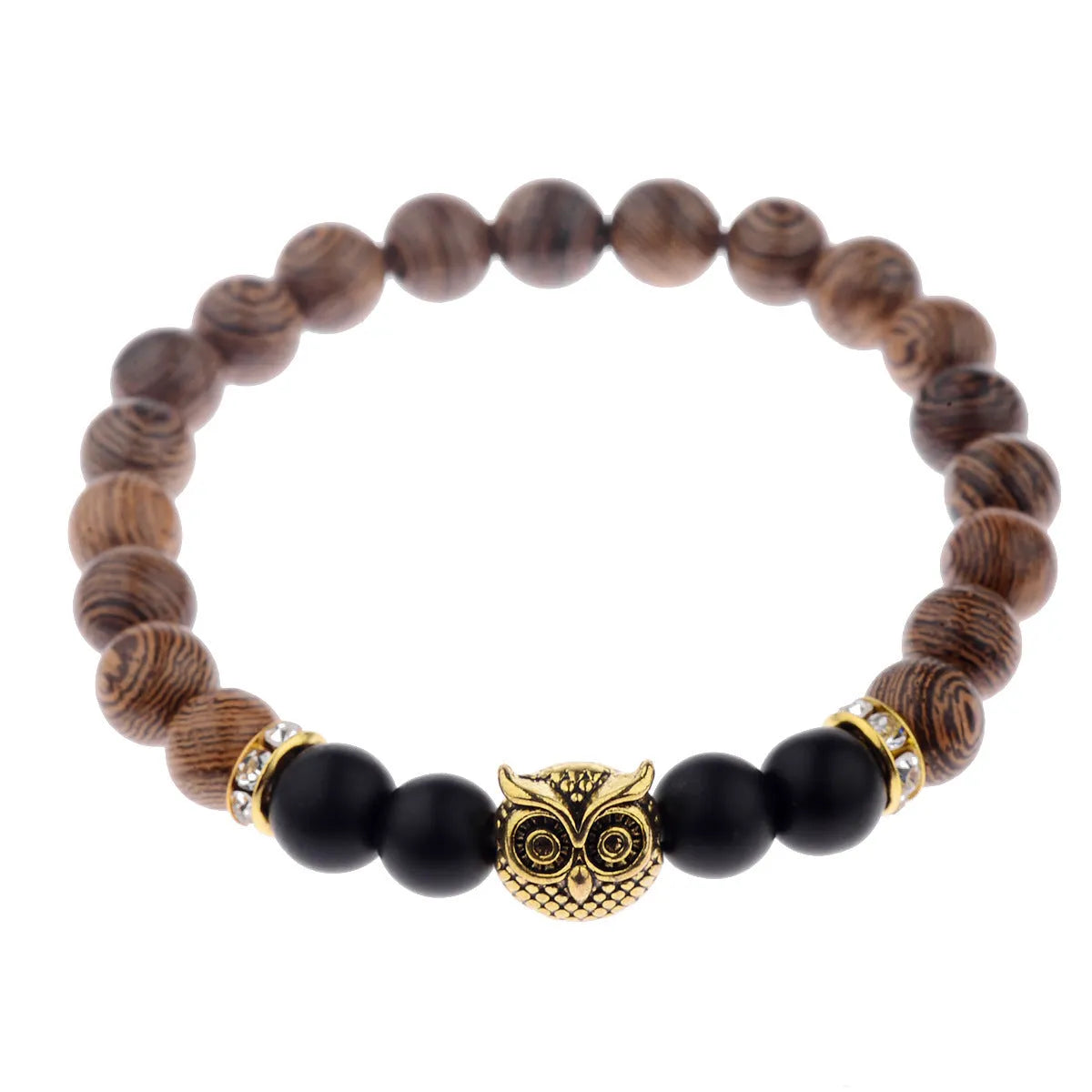 Owl frosted stone lifeline wood grain bracelet with wood beads alloy stone in black and gold colour options