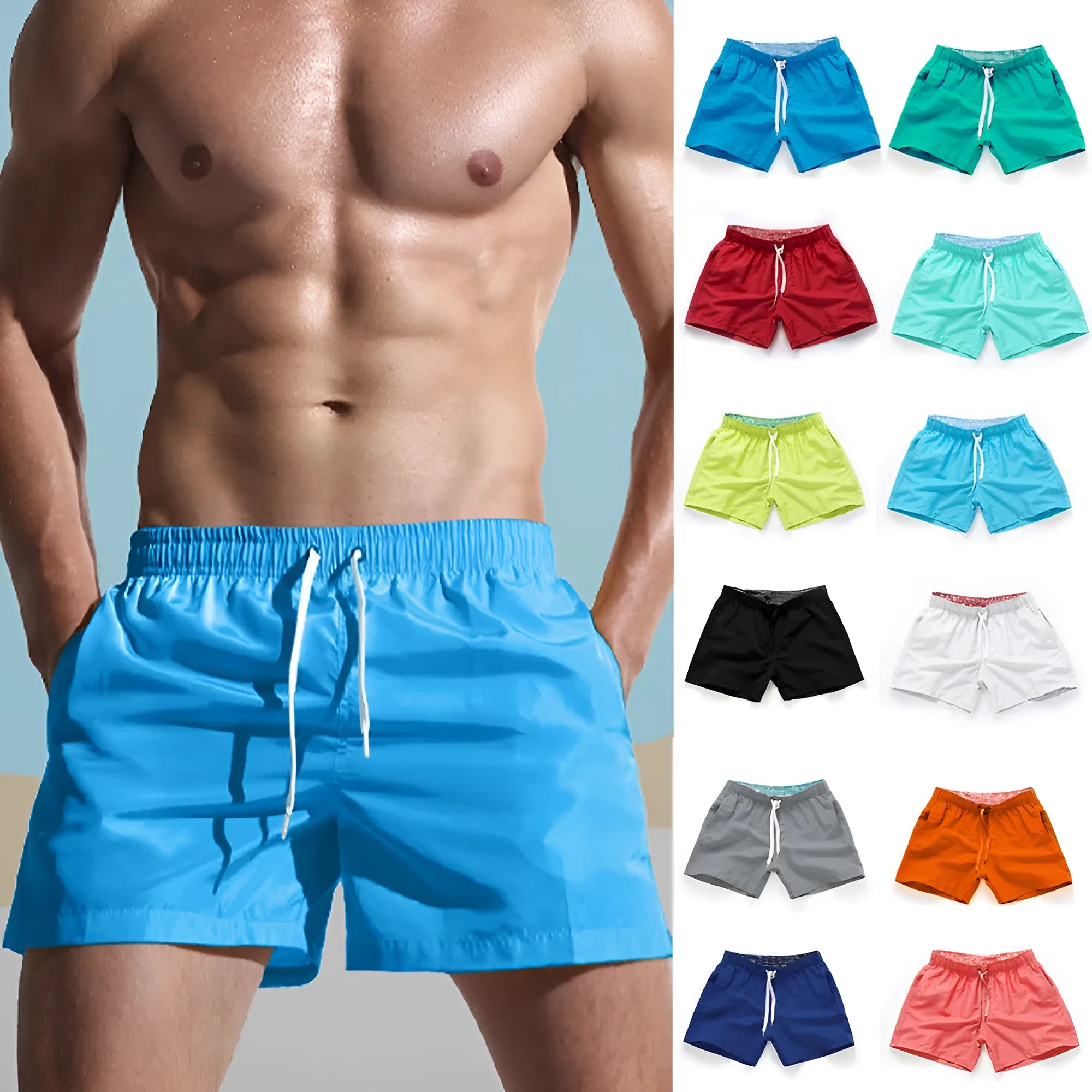 Men's black surf shorts made from polyester fabric with a straight leg opening, shown on a size chart.