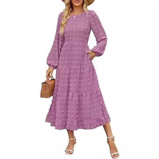 Women's long sleeve dress with high waist and ruffled sleeves in autumn colours