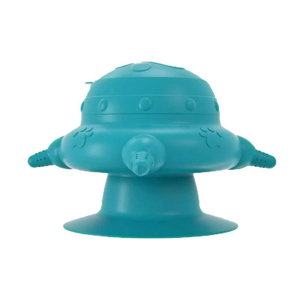 Pink silicone pet nursing feeder with bionic breast-shaped bowl and four pacifiers on a white background.