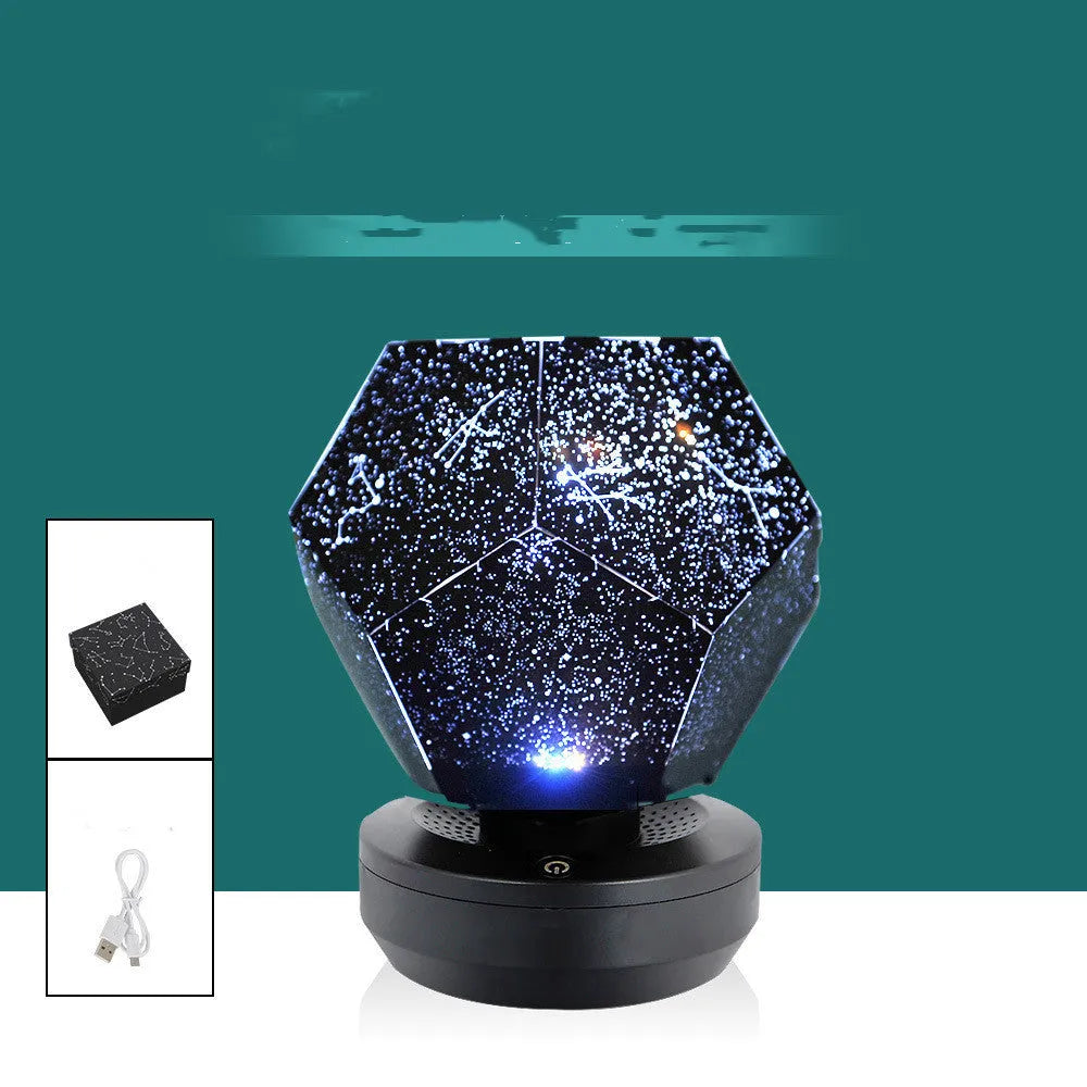 LED starry sky projector showing constellation projection on bedroom ceiling with remote control