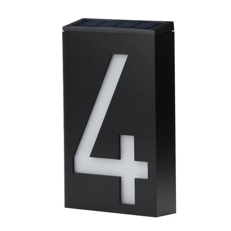 Solar powered outdoor house number light with LED illumination and concealed mounting design