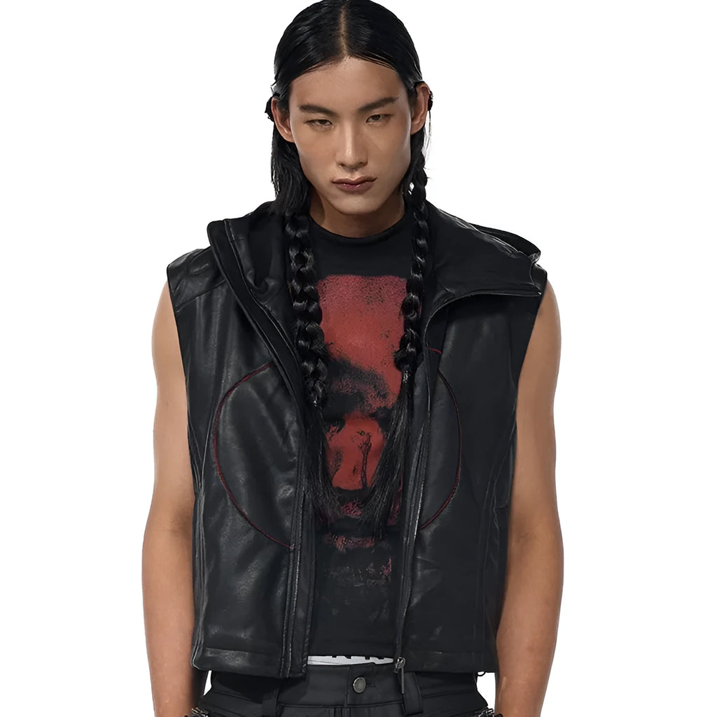 Short hood slim fit PU leather waistcoat in black with five-pointed star motif, men's summer wear