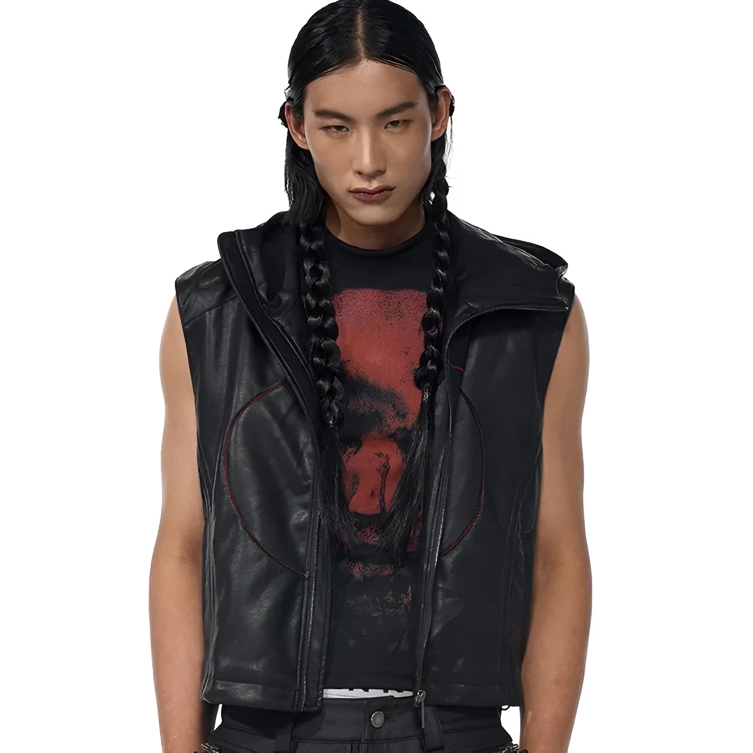 Short hood slim fit PU leather waistcoat in black with five-pointed star motif, men's summer wear