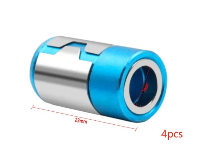 Light blue magnetic screwdriver bit with slotted head and high-carbon steel construction