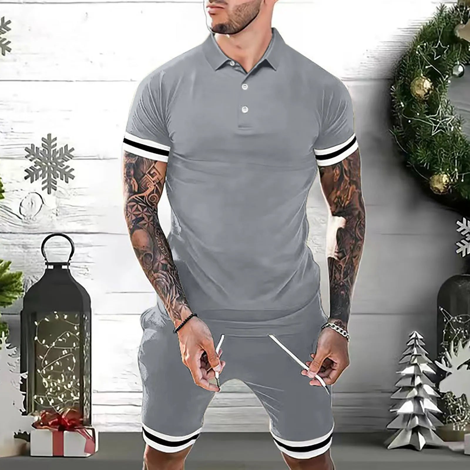 Men's polyester casual short set with polo shirt and shorts in navy blue, shown flat on a white background