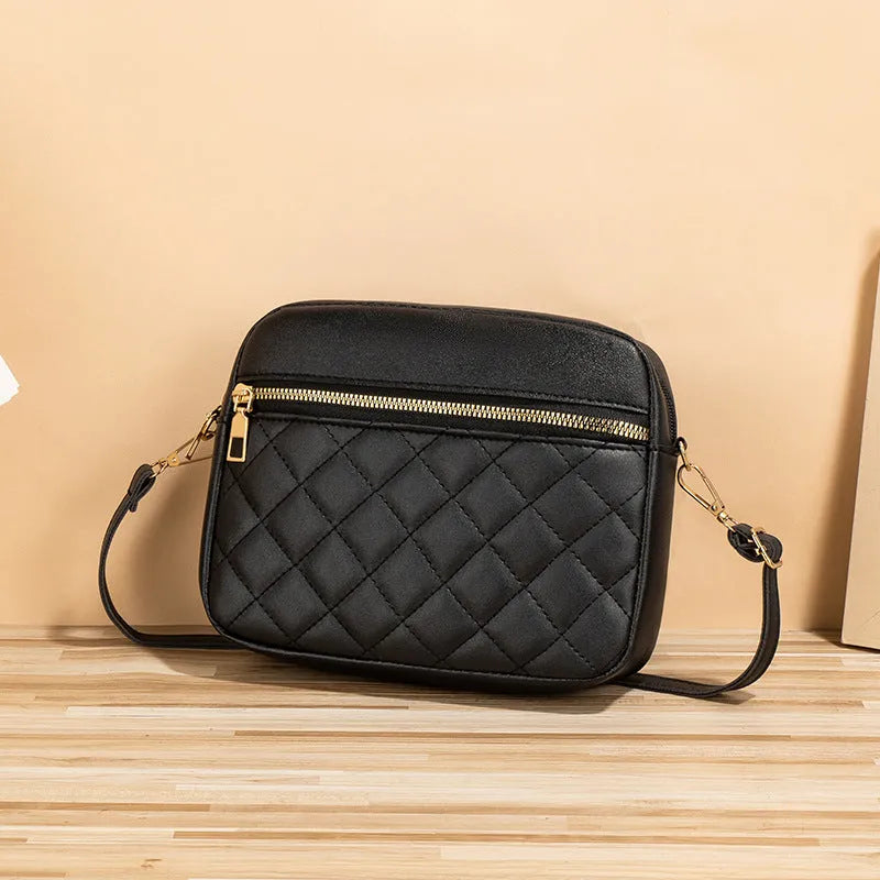 PU leather crossbody bag in horizontal square shape with large-capacity, diamond mesh and stitching details, available in white, black, pink