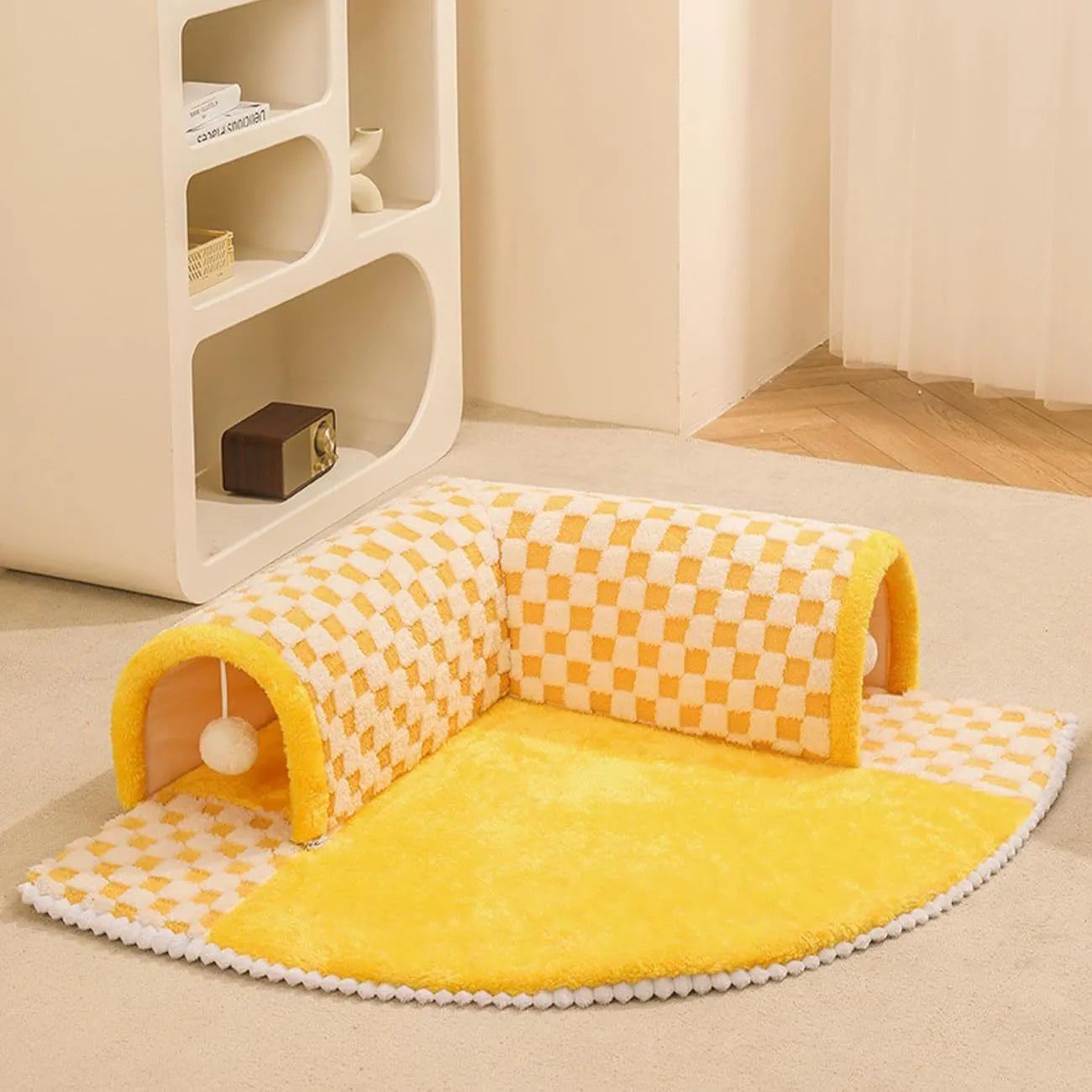 XL fan-shaped plush pet bed tunnel for dogs and cats in yellow plaid colour with anti-slip bottom.