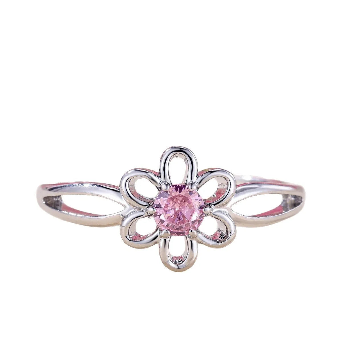 Women's hollow floral fashion ring in electroplated copper with a choice of metallic finishes.