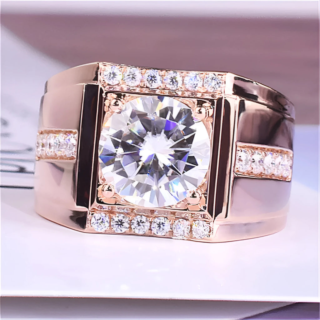 Men's adjustable geometric diamond ring with imitation moissanite in rose gold, gold, or platinum colour