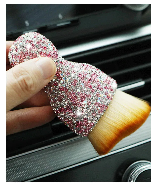 Car interior cleaning brush with soft PVC bristles, shown in white, pink, and black colour options