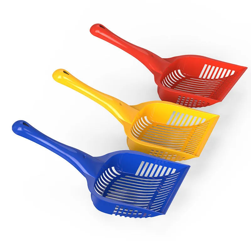 Red, yellow, and blue plastic cat litter scoops in small and medium sizes for pet toilet cleaning