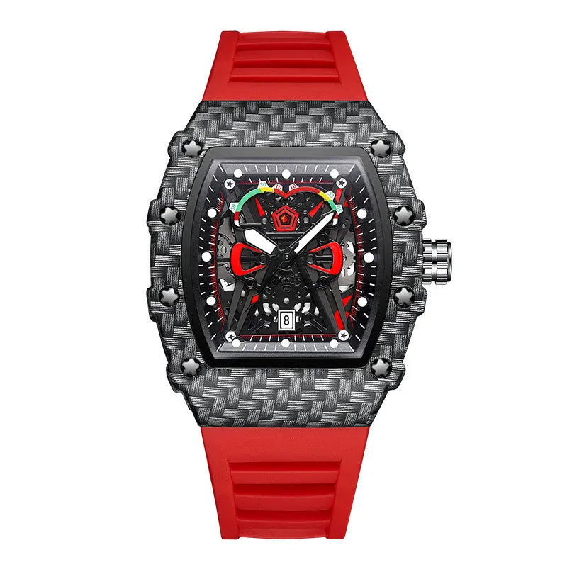 Trendy waterproof luminous men's quartz watch with black shell and red belt, alloy case, 18mm thickness