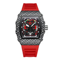 Trendy waterproof luminous men's quartz watch with black shell and red belt, alloy case, 18mm thickness