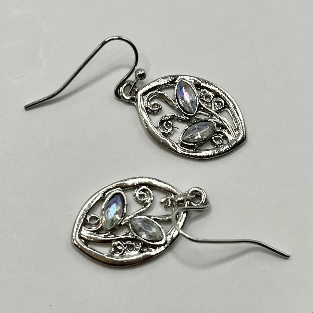 Silver-coloured leaf earrings with embedded colourful moonstones, drop design for women