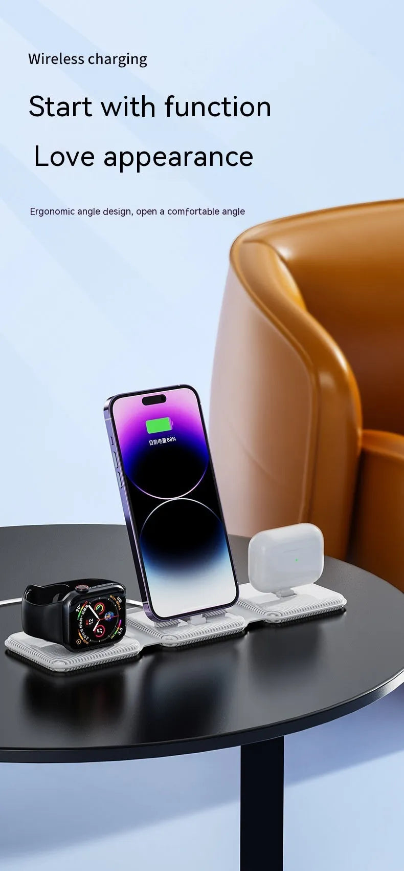 A75 Three-in-one Wireless Charger in white, charging a smartphone, earbuds, and smartwatch on a desk