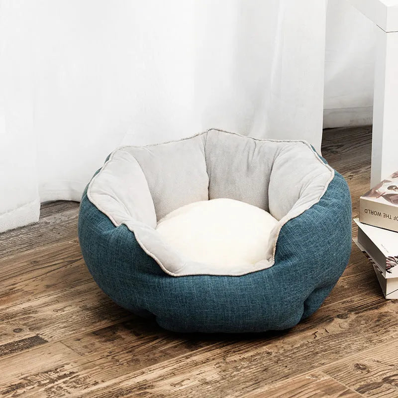 Blue octagonal pet bed with removable mats for small dogs and cats