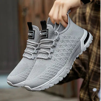 Men's solid colour casual shoes with mesh upper in Army Green, shown alongside black, gray, white, and khaki colour options.
