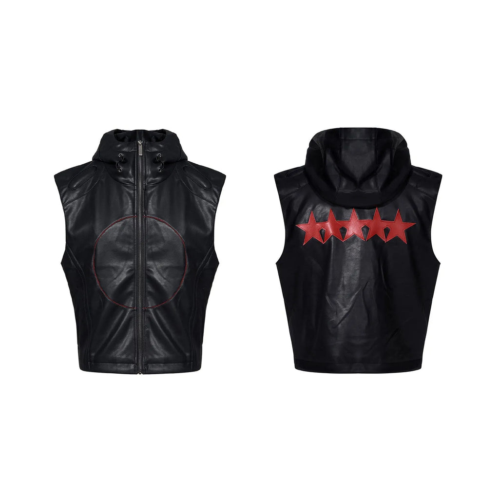 Short hood slim fit PU leather waistcoat in black with five-pointed star motif, men's summer wear