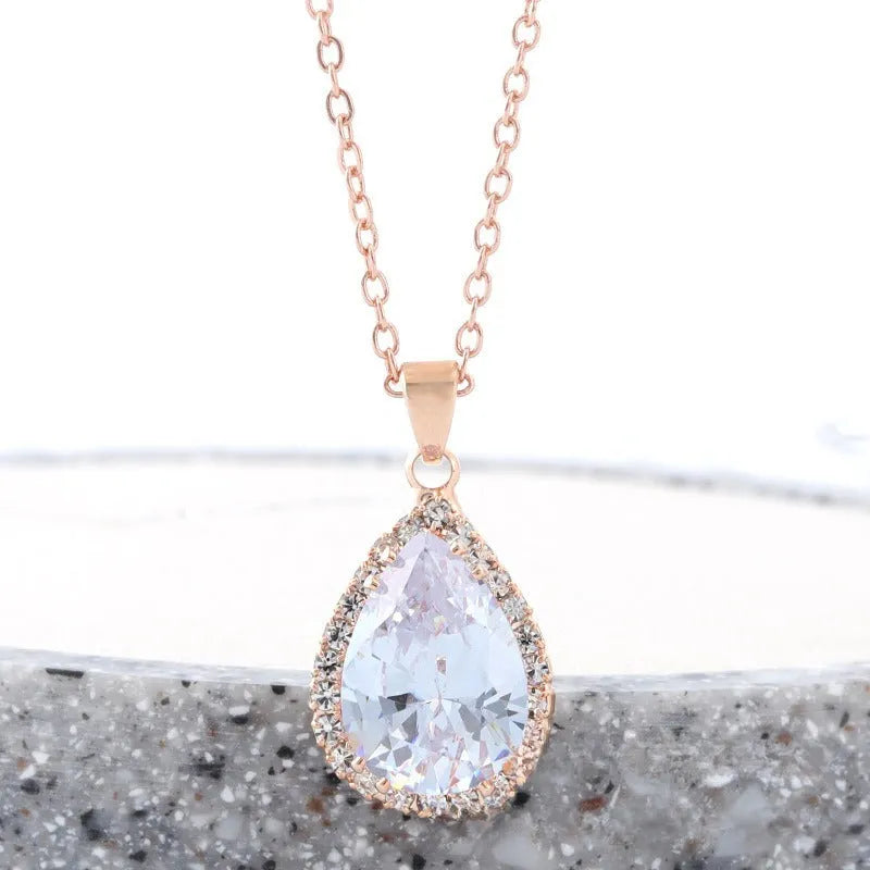 Rose gold drop necklace with rhinestone pendant in pink colour, geometric Japanese Korean style women's jewellery