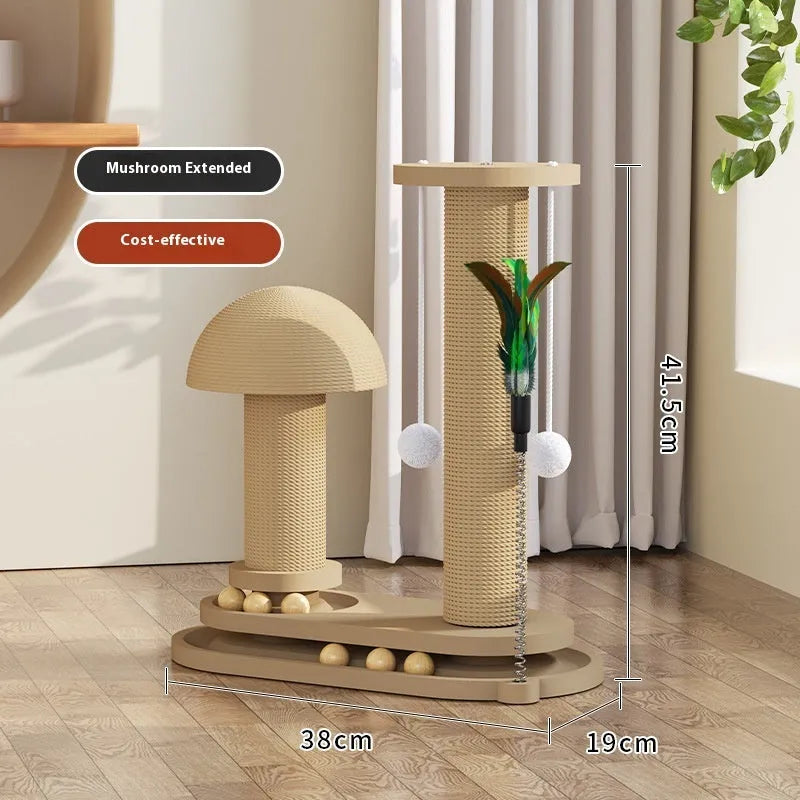 Solid wood cat scratching post with a central rotating turntable, shown in a natural wood finish.