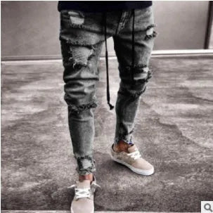 Cotton knee hole zipper trousers in black, blue, and white, mid-waist fit