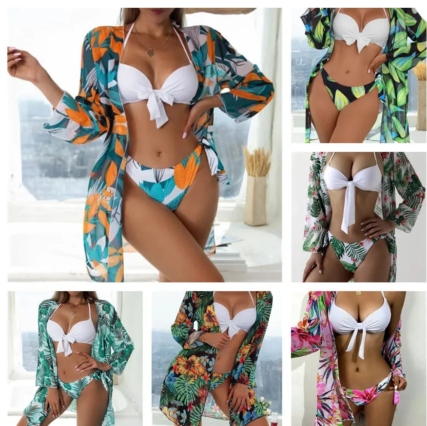Women's three-piece bikini swimsuit set with mesh split detail and a cover-up coat.