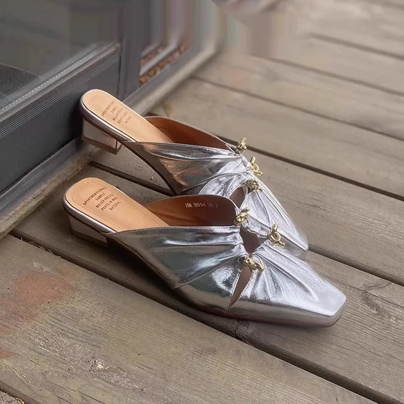 Women's genuine leather half toe cap slippers in silver with square toe and low heel