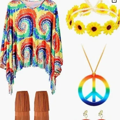 Tie dye spandex cloak costume with bell sleeves in rainbow colours for Halloween parties