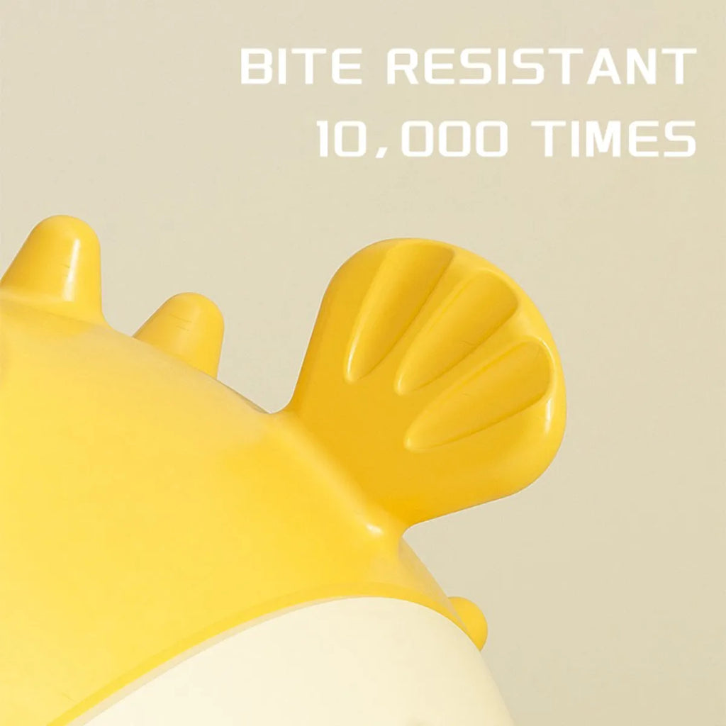 Yellow fish-shaped vinyl dog chew toy with textured surface for teeth cleaning.