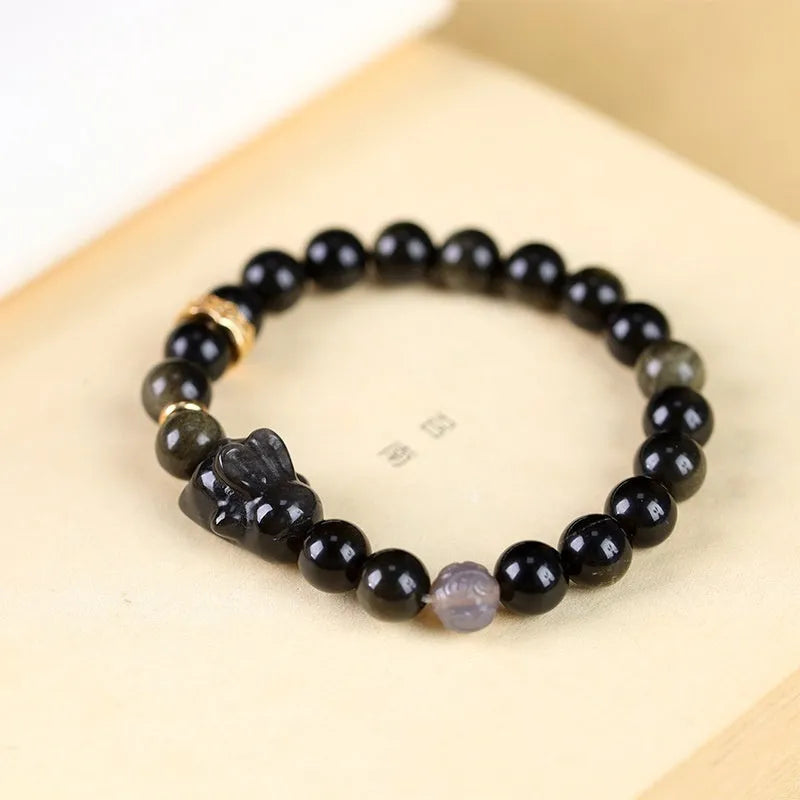Handmade national style obsidian bracelet with lying rabbit charm in mixed metals and grey agate