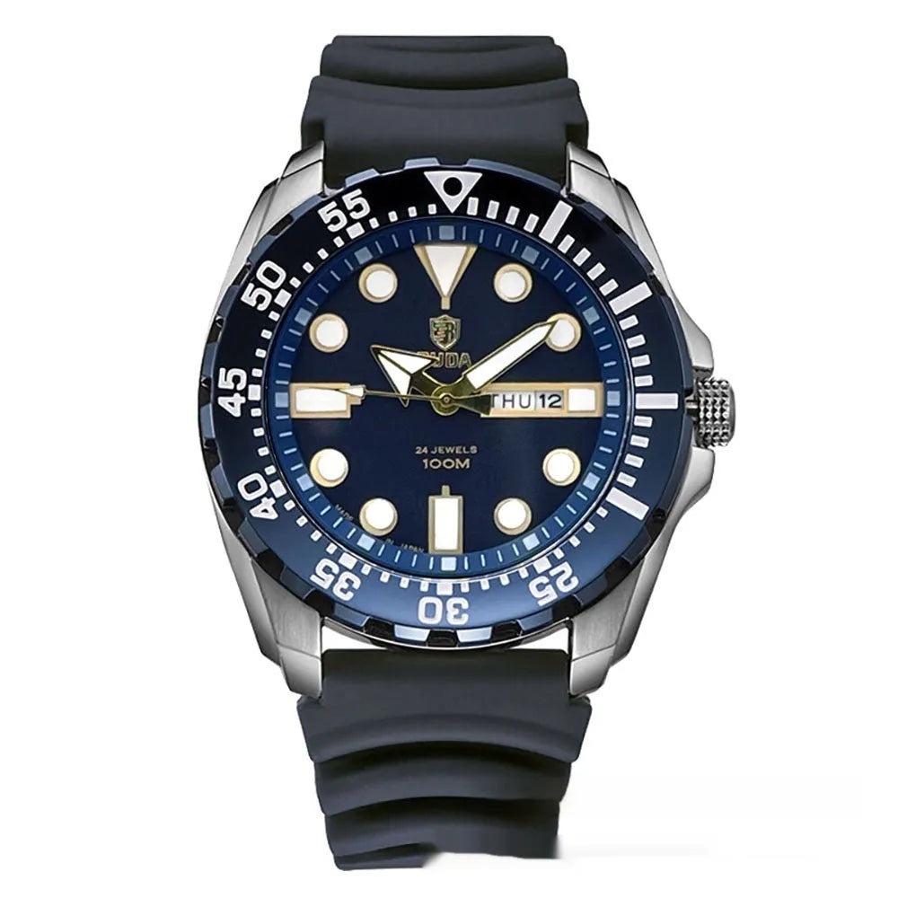 Waterproof men's sports watch with luminous quartz movement showing blue dial and steel strap option