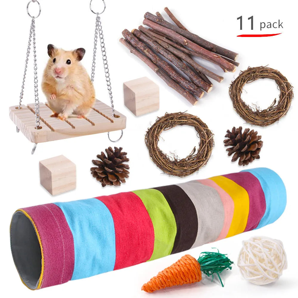 Wooden pet toy set with molar stick, straw mattress and woven balls for rabbits, guinea pigs and parrots