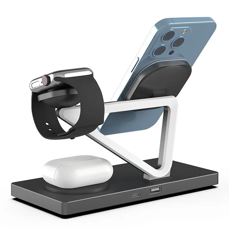 White five-in-one wireless charging station with night lamp, magnetic phone bracket, circular base, and watch charger.