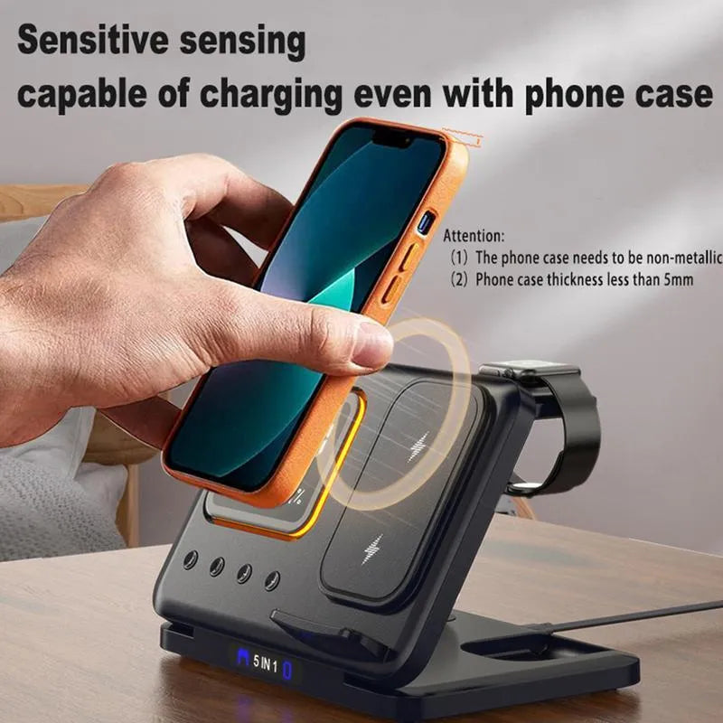 Black 15W wireless charging dock station showing phone, watch and headphones charging, with LED digital clock display.