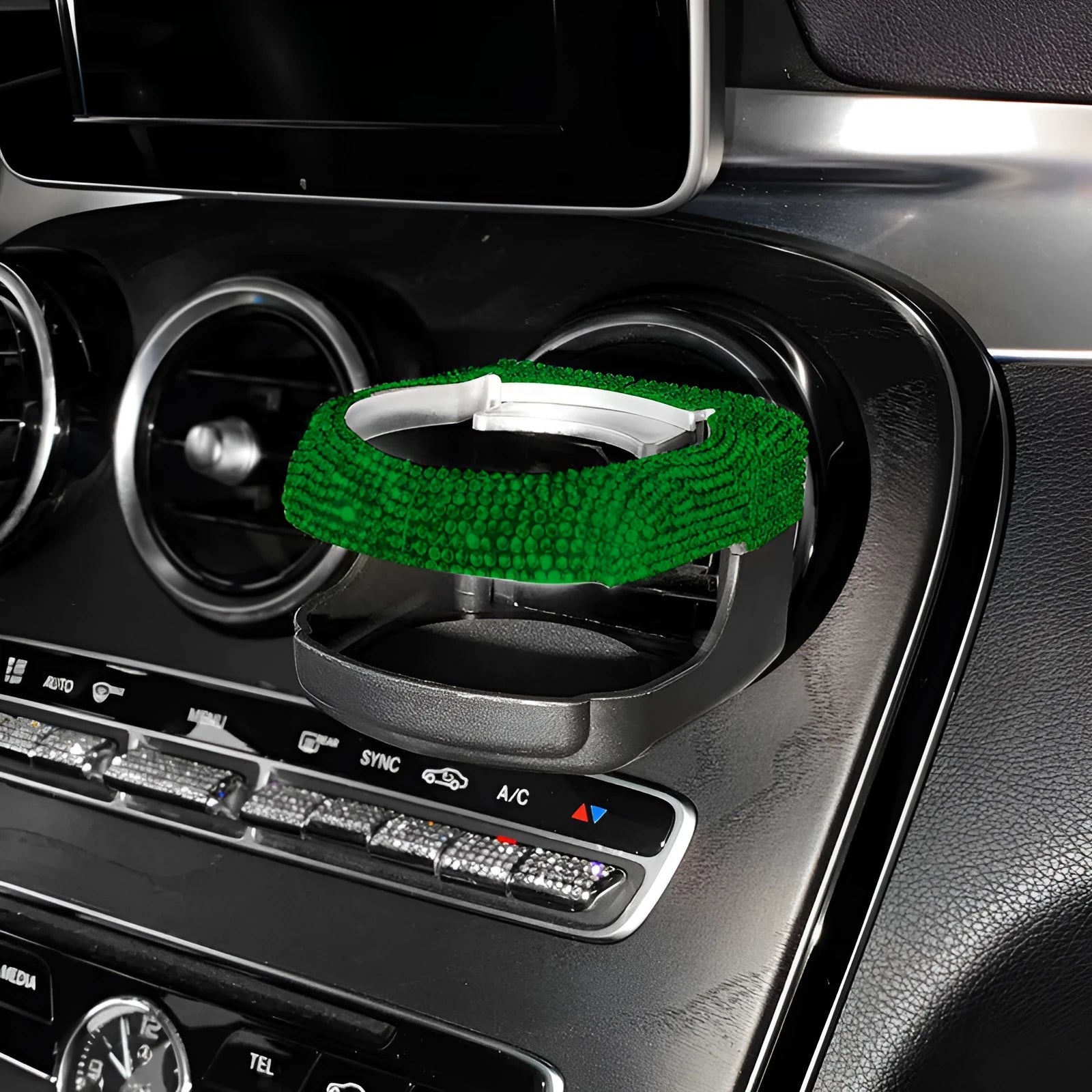 White rhinestone-decorated car cup holder bracket mounted on a car air vent