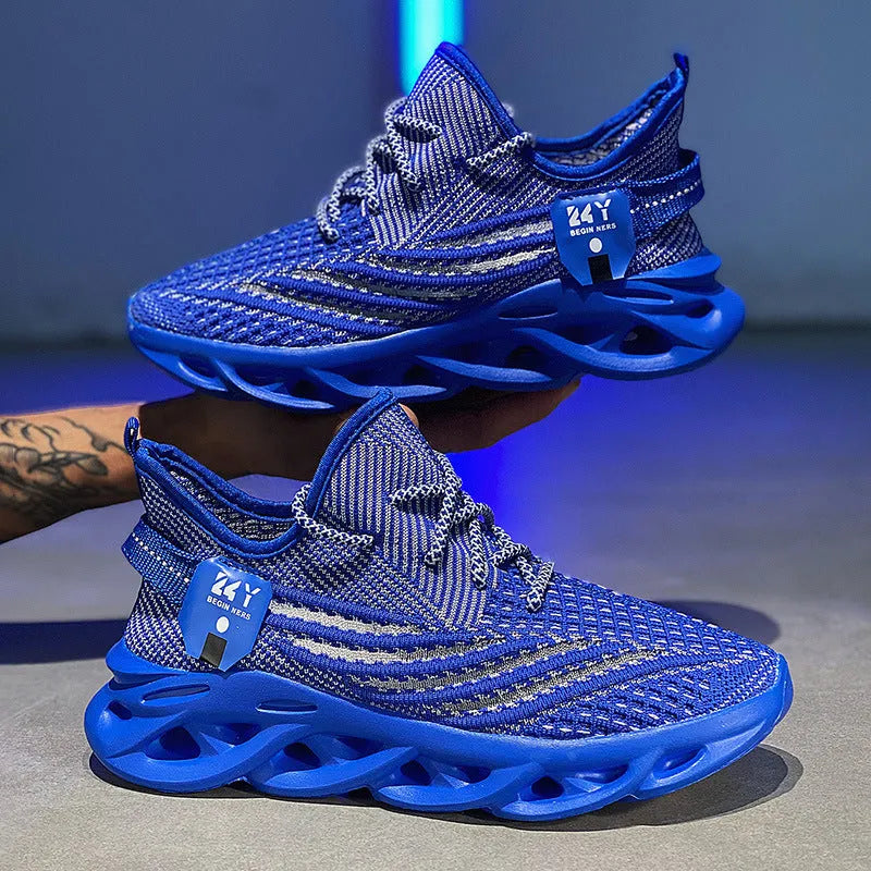 Men's flyknit breathable mesh casual sneakers low top round toe mid heel foam sole summer leisure shoes