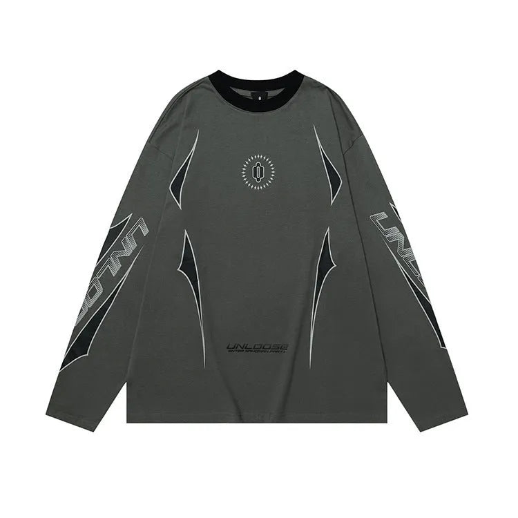 Gray khaki loose-fit long sleeve cotton pullover with drop shoulder sleeves and a printed letter pattern.