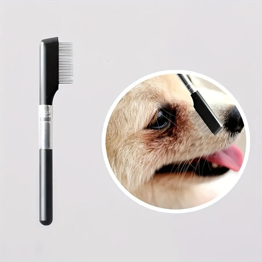 Black ambidextrous pet grooming brush with soft bristles and a comb for dogs and cats.