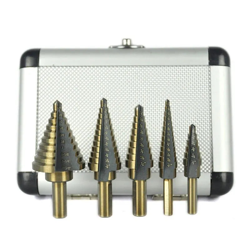 5-piece high speed steel ladder drill set in aluminium box with step bits from 3/16 to 1/2 inch