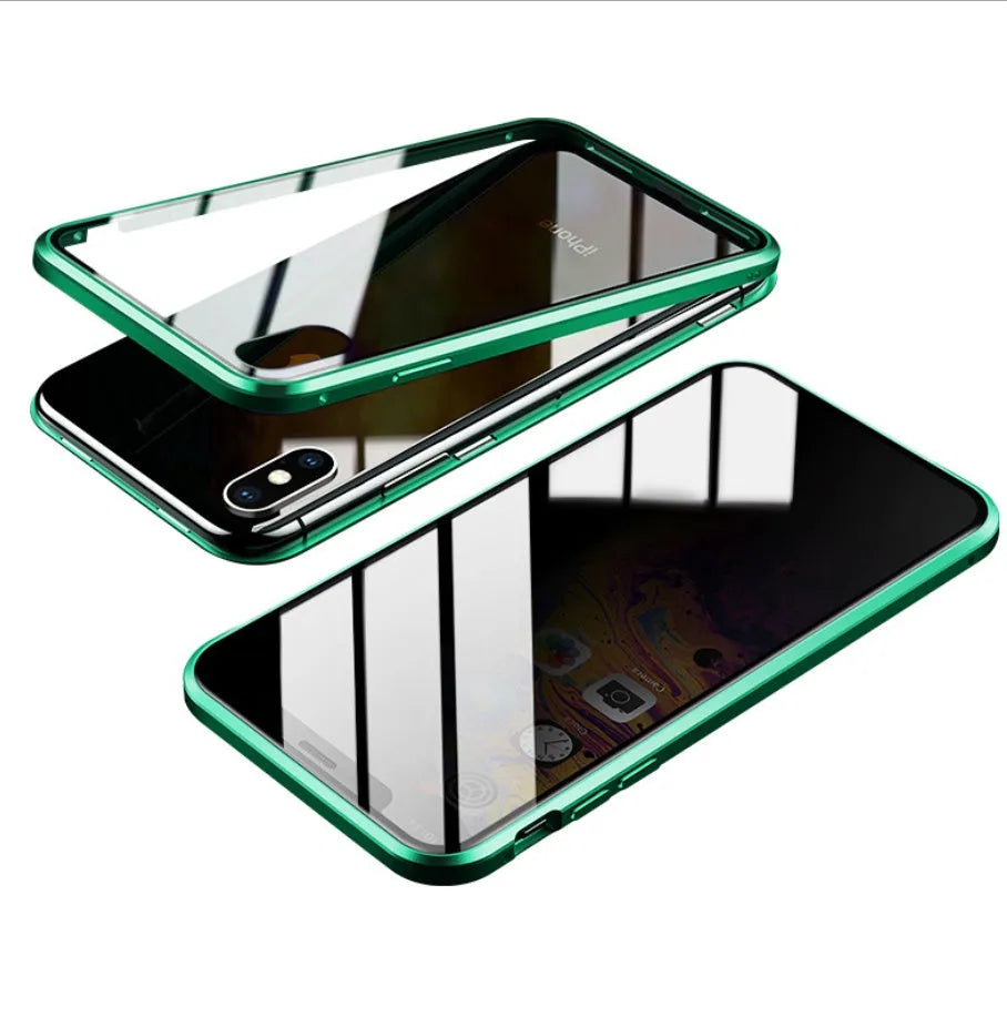 Glass anti-spy phone case with closed clamshell design showing geometric styling