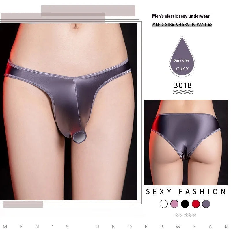 Men's shiny nylon low waist T-back underwear in black, white, grey, red or pink